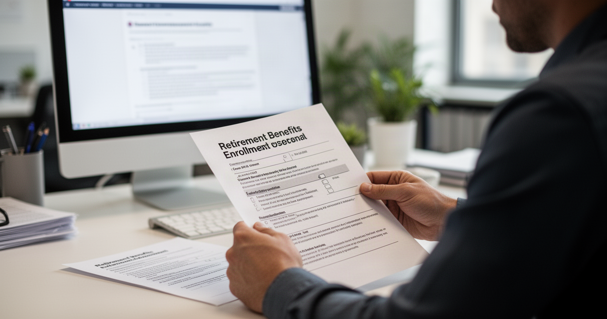 Office worker reviewing a retirement benefits enrollment form at their desk