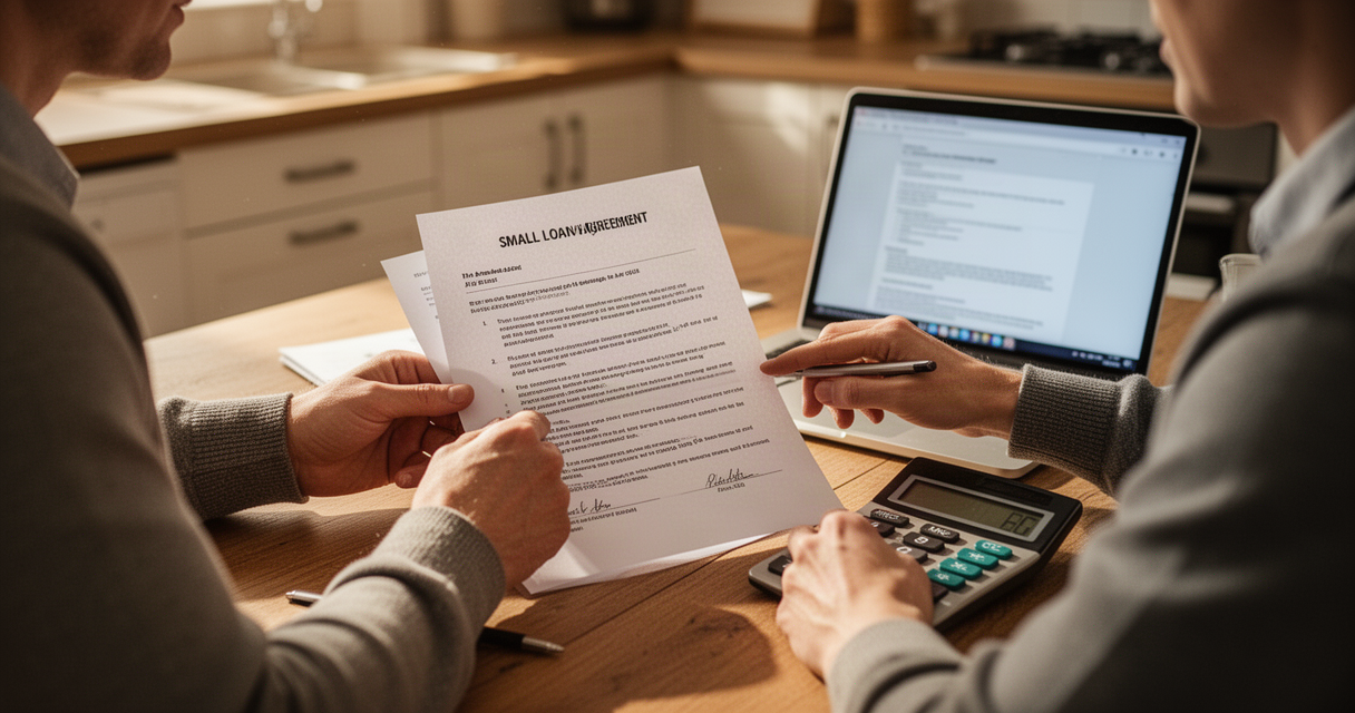 Person reviewing a small loan agreement at a kitchen table with a laptop and calculator
