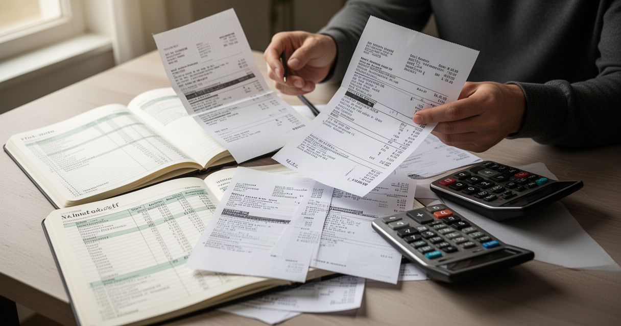 Person reviewing multiple bills and a budgeting notebook spread on a table