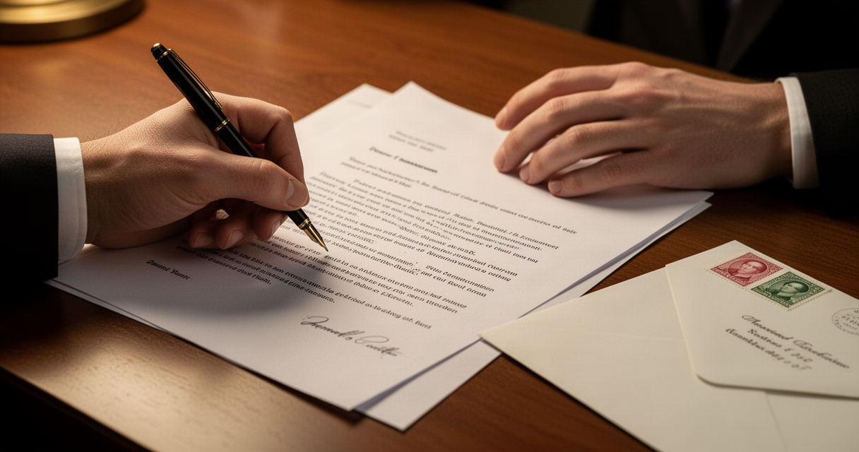 Hand writing a formal letter at a desk with an envelope and stamp nearby