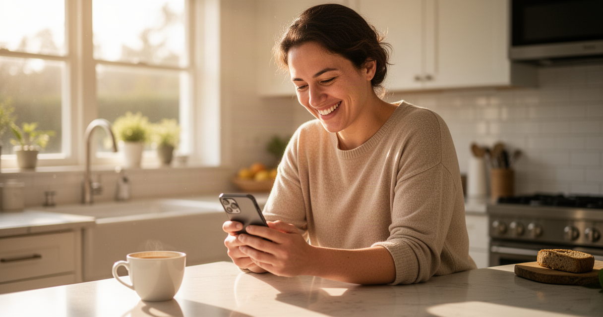 Smiling person checking their phone in a bright morning kitchen with a coffee cup on the counter
