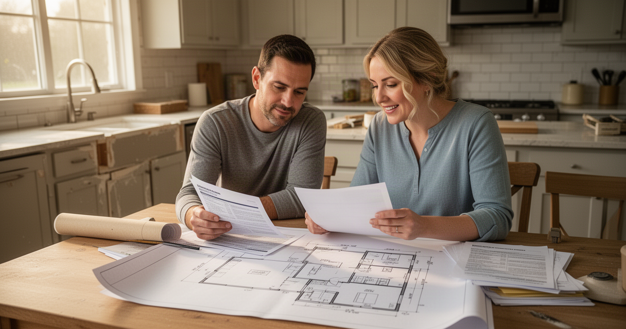 Couple reviewing home renovation plans and loan paperwork at their kitchen table