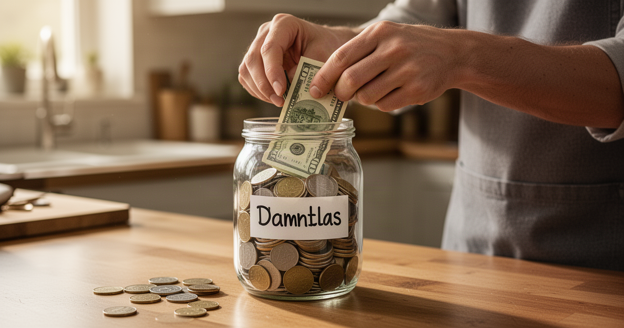 Person putting coins and small bills into a labeled glass jar on a kitchen counter