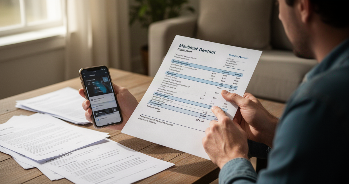 Person reviewing a medical bill statement at home with a phone in hand