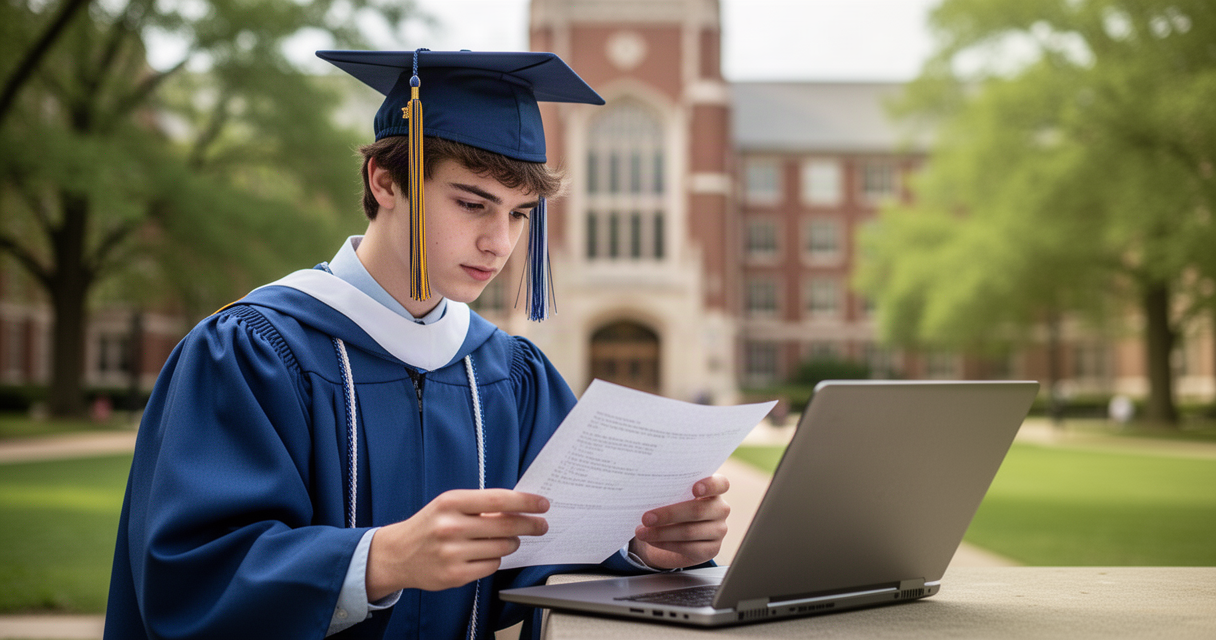 Young graduate in cap and gown reviewing paperwork with a laptop