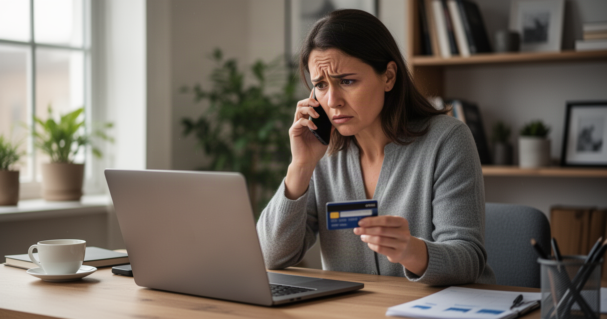 Concerned person on the phone while looking at a laptop with a credit card in hand