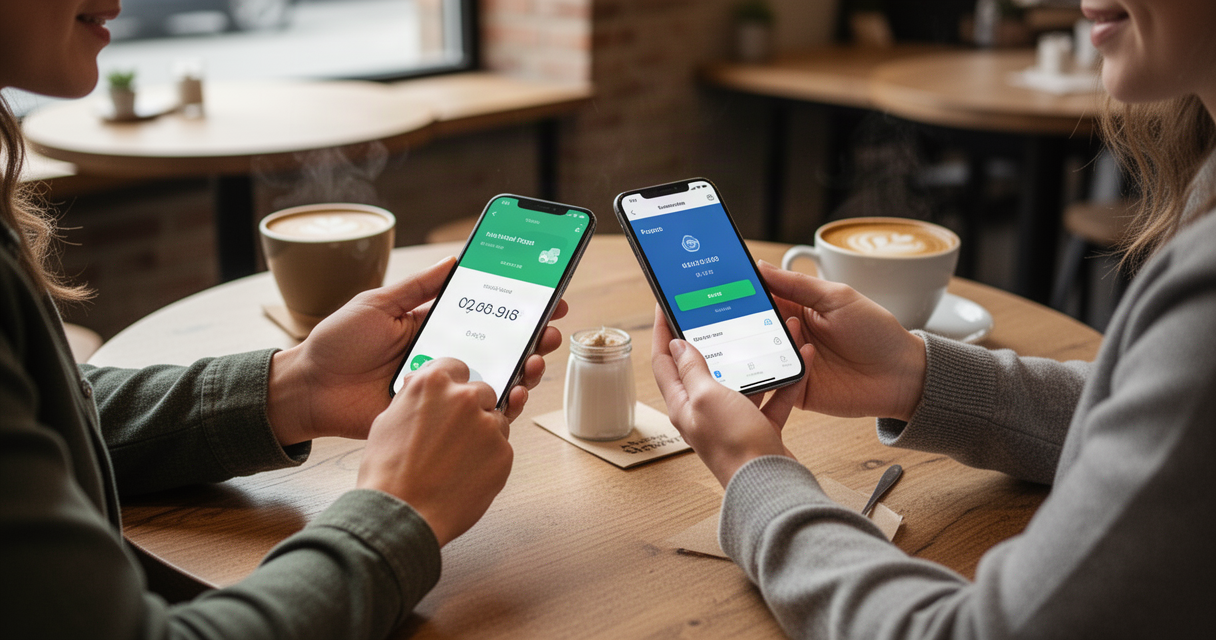 Two people using smartphones to send a payment to each other at a coffee shop table