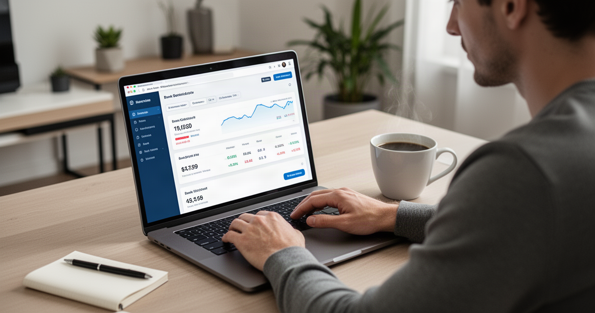 Person using a laptop to review a bank account dashboard with a coffee cup nearby