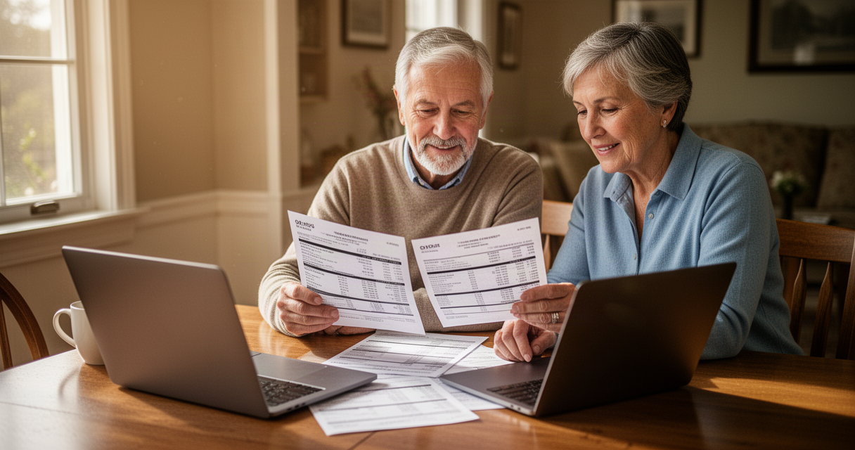 Middle-aged couple reviewing retirement account statements and a laptop at a dining table